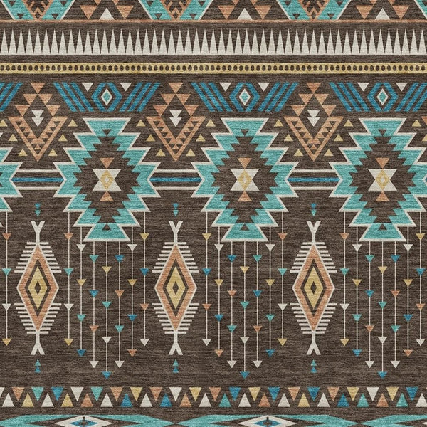 HomeRoots 8' X 10' Brown and Teal Tribal Area Rug – Durable, Washable, UV-Protected for High-Traffic Spaces 705759