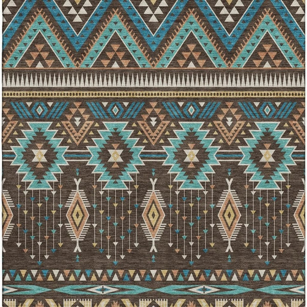 HomeRoots 8' X 10' Brown and Teal Tribal Area Rug – Durable, Washable, UV-Protected for High-Traffic Spaces 705759