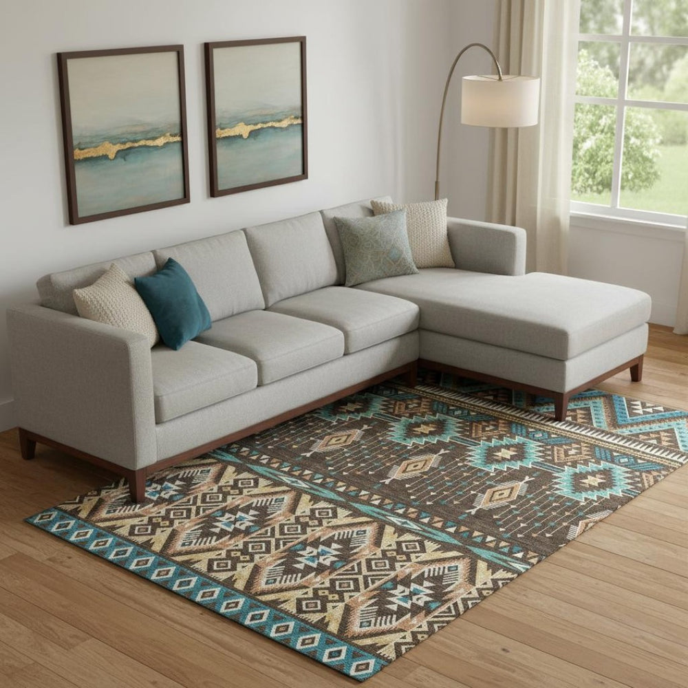 HomeRoots 9' X 12' Brown & Teal Tribal Washable Area Rug - UV Protected, Stain Resistant, Soft Underfoot! 705760