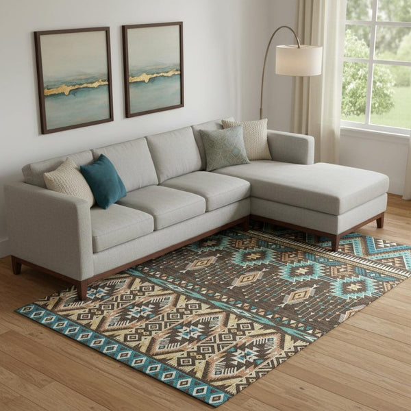 HomeRoots 9' X 12' Brown & Teal Tribal Washable Area Rug - UV Protected, Stain Resistant, Soft Underfoot! 705760