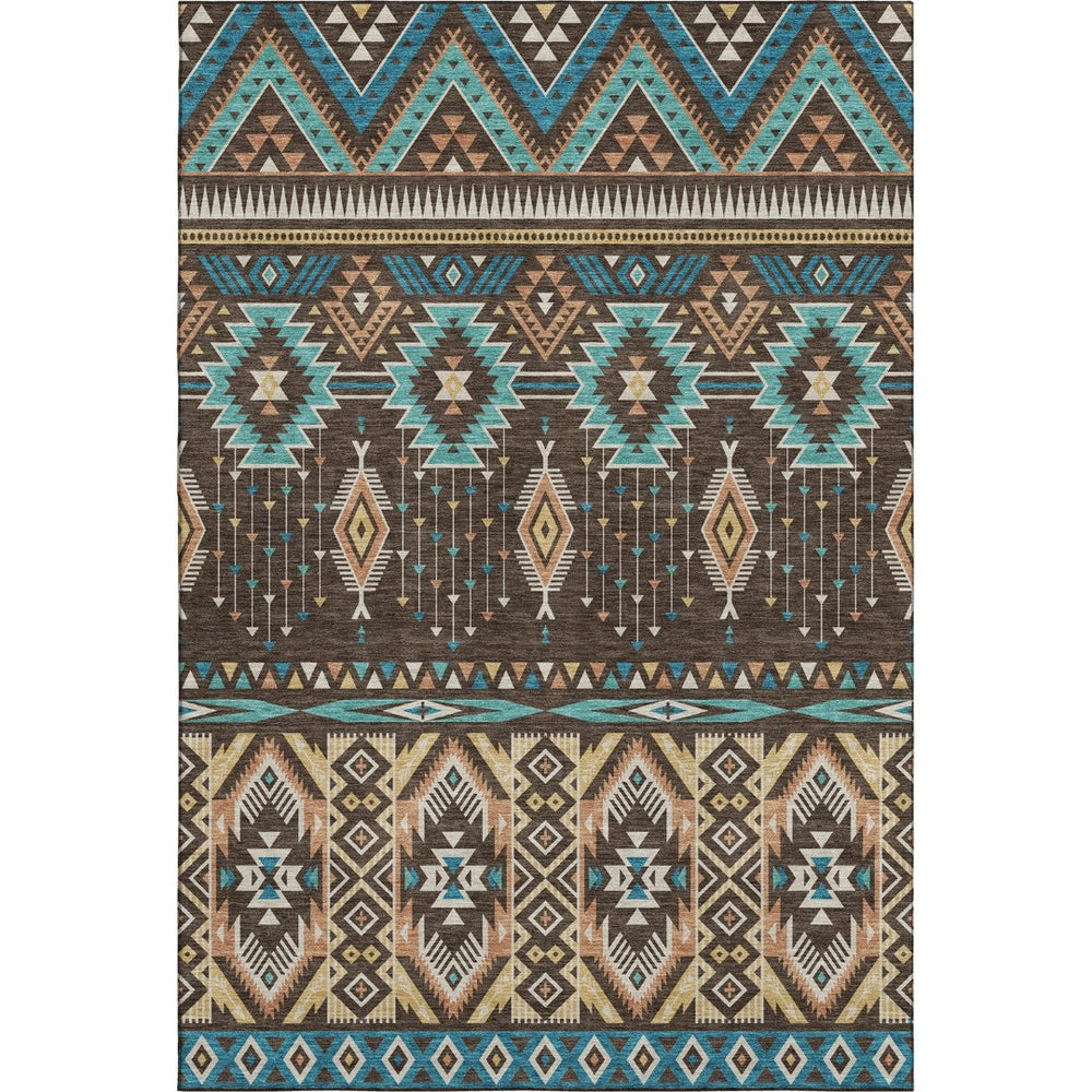HomeRoots 9' X 12' Brown & Teal Tribal Washable Area Rug - UV Protected, Stain Resistant, Soft Underfoot! 705760