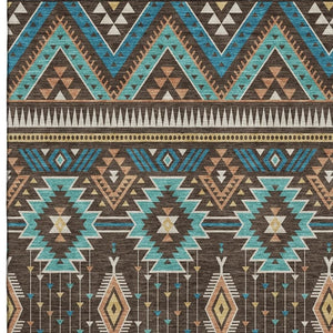 HomeRoots 9' X 12' Brown & Teal Tribal Washable Area Rug - UV Protected, Stain Resistant, Soft Underfoot! 705760