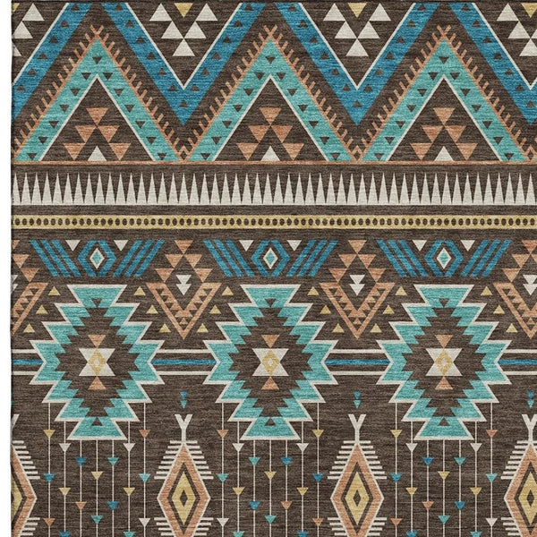 HomeRoots 9' X 12' Brown & Teal Tribal Washable Area Rug - UV Protected, Stain Resistant, Soft Underfoot! 705760
