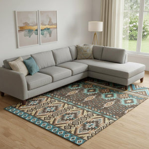 HomeRoots 10' X 14' Brown and Teal Tribal Area Rug – Washable, UV-Protected, Durable Design for High-Traffic Spaces 705761