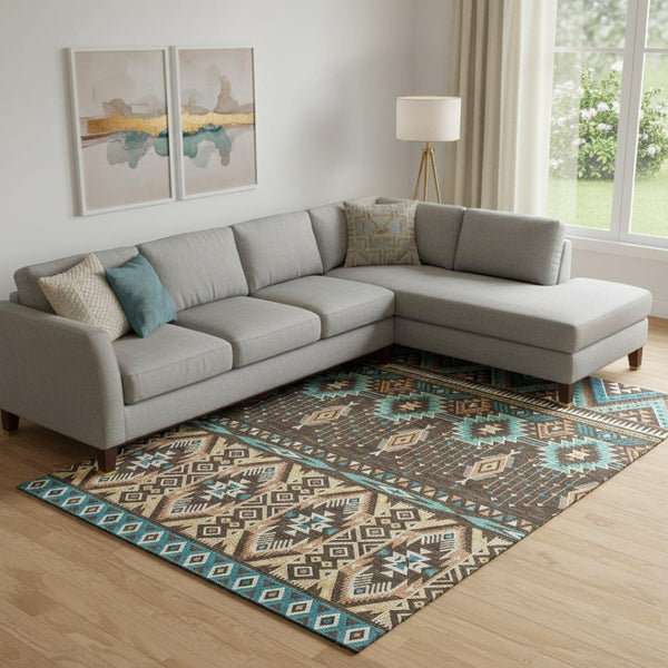 HomeRoots 10' X 14' Brown and Teal Tribal Area Rug – Washable, UV-Protected, Durable Design for High-Traffic Spaces 705761