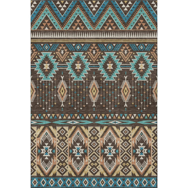 HomeRoots 10' X 14' Brown and Teal Tribal Area Rug – Washable, UV-Protected, Durable Design for High-Traffic Spaces 705761