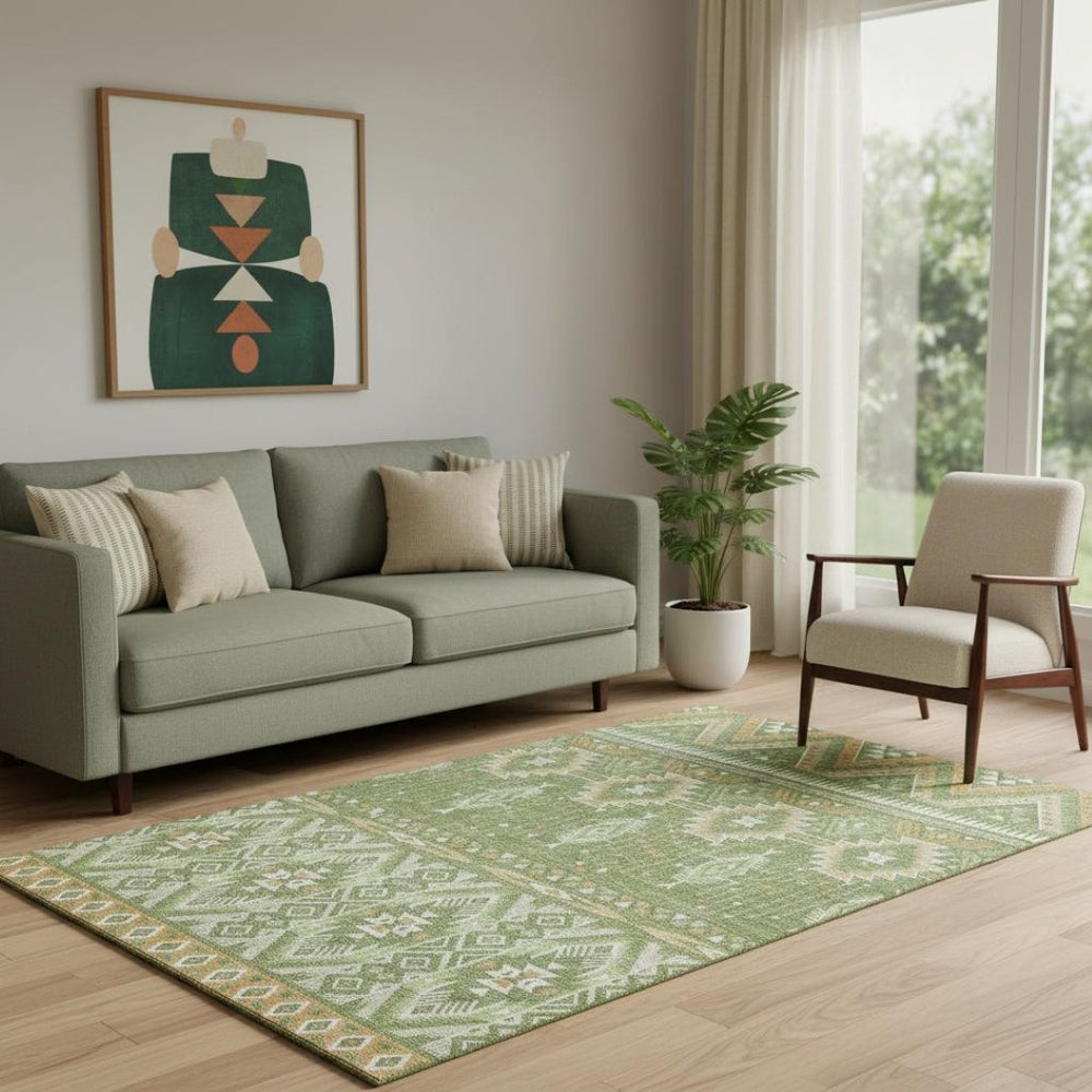 HomeRoots 5' X 8' Green and Copper Tribal Area Rug - Washable, UV-Protected, Stylish & Durable for Homes 705763