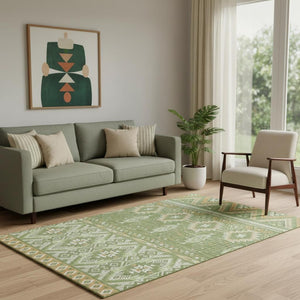 HomeRoots 5' X 8' Green and Copper Tribal Area Rug - Washable, UV-Protected, Stylish & Durable for Homes 705763