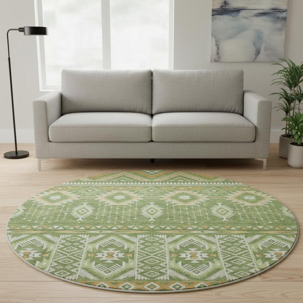HomeRoots 8' Vibrant Green and Copper Tribal Round Rug - Washable, UV Protected, Soft & Durable for Any Space 705764