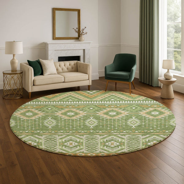 HomeRoots 8' Vibrant Green and Copper Tribal Round Rug - Washable, UV Protected, Soft & Durable for Any Space 705764