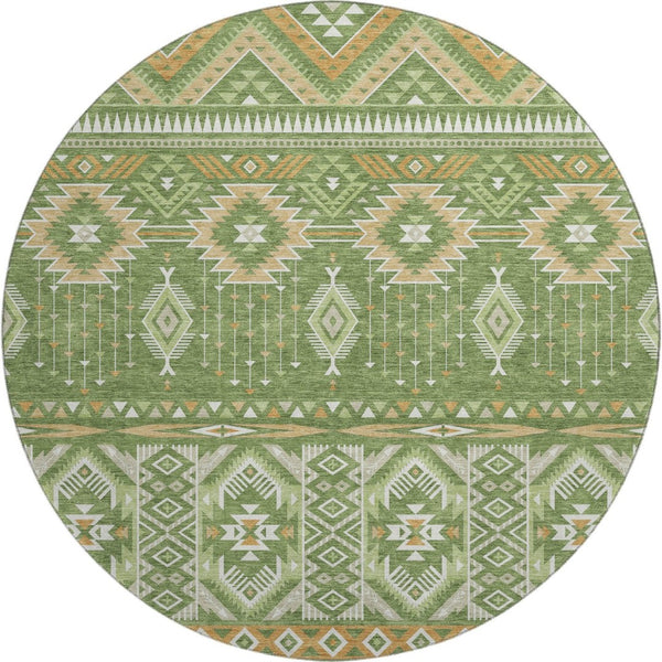 HomeRoots 8' Vibrant Green and Copper Tribal Round Rug - Washable, UV Protected, Soft & Durable for Any Space 705764