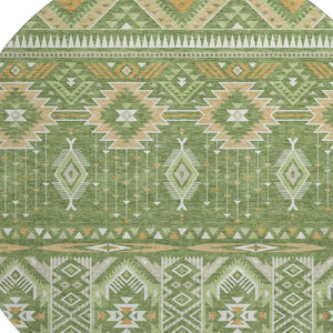 HomeRoots 8' Vibrant Green and Copper Tribal Round Rug - Washable, UV Protected, Soft & Durable for Any Space 705764