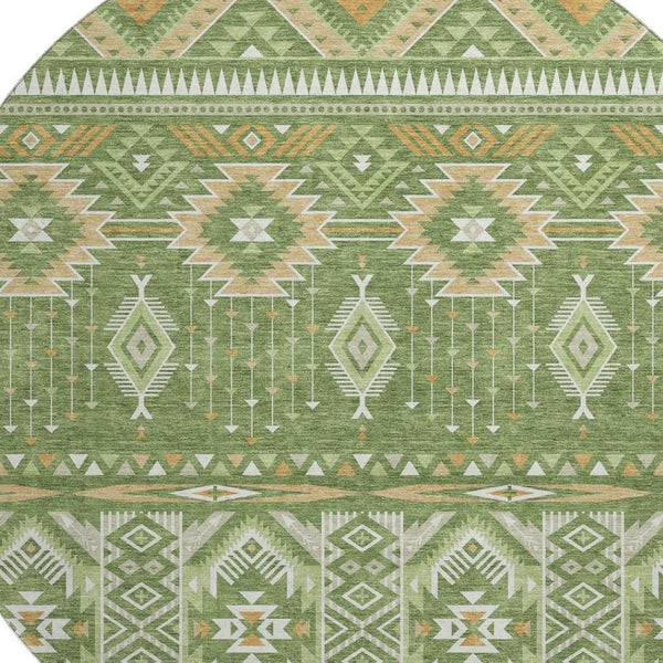 HomeRoots 8' Vibrant Green and Copper Tribal Round Rug - Washable, UV Protected, Soft & Durable for Any Space 705764