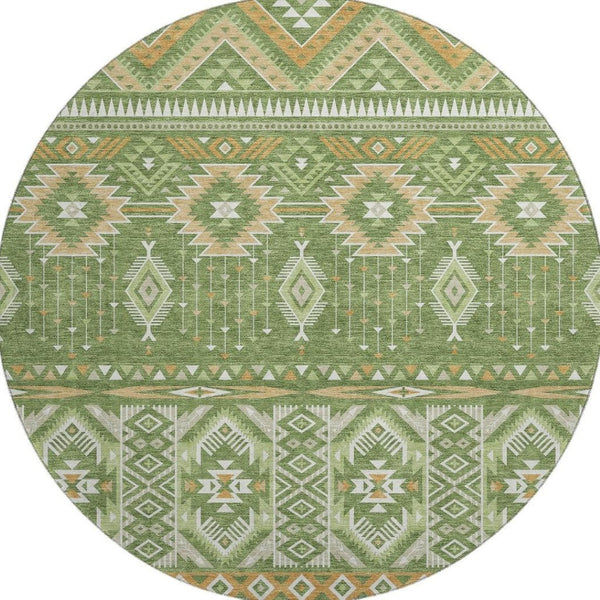 HomeRoots 8' Vibrant Green and Copper Tribal Round Rug - Washable, UV Protected, Soft & Durable for Any Space 705764
