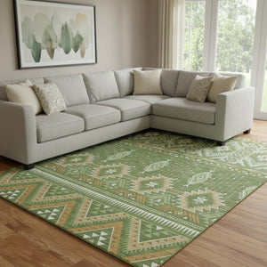 HomeRoots 8' X 10' Green and Copper Tribal Area Rug - Washable, UV-Protected, Durable for High Traffic Homes 705765