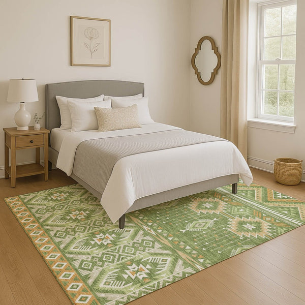 HomeRoots 8' X 10' Green and Copper Tribal Area Rug - Washable, UV-Protected, Durable for High Traffic Homes 705765