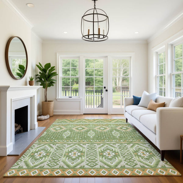 HomeRoots 8' X 10' Green and Copper Tribal Area Rug - Washable, UV-Protected, Durable for High Traffic Homes 705765