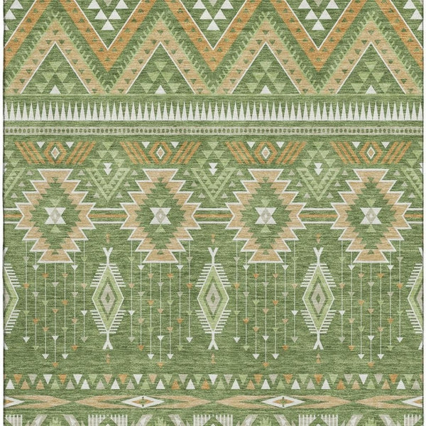 HomeRoots 8' X 10' Green and Copper Tribal Area Rug - Washable, UV-Protected, Durable for High Traffic Homes 705765
