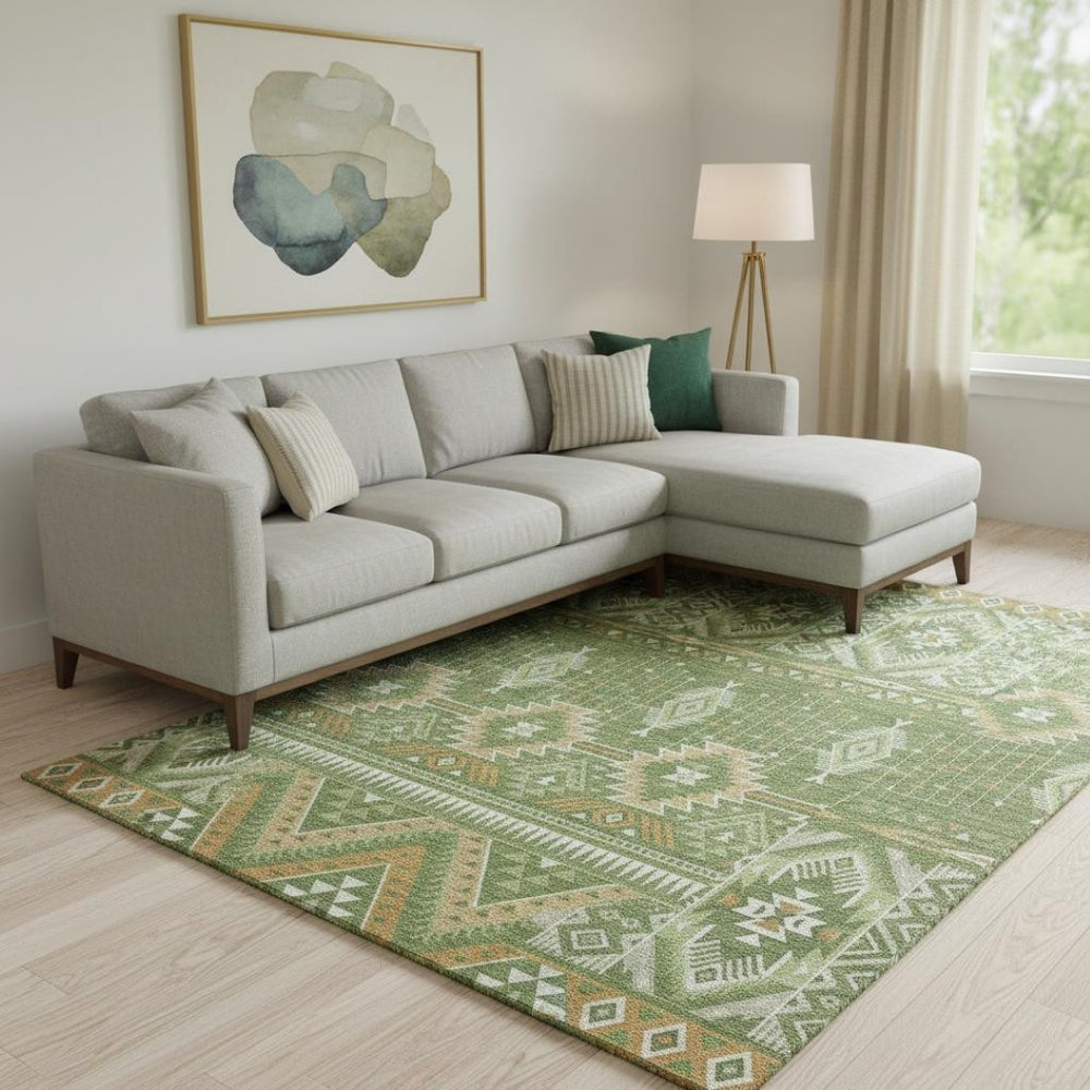 HomeRoots 9' X 12' Green And Copper Tribal Area Rug - Washable, UV Protected & Stain Resistant for Every Room 705766