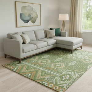 HomeRoots 9' X 12' Green And Copper Tribal Area Rug - Washable, UV Protected & Stain Resistant for Every Room 705766