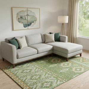 HomeRoots 10' X 14' Green & Copper Tribal Area Rug - Washable, UV-Protected, Durable & Stylish for Any Space 705767