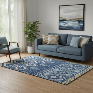HomeRoots 5' X 8' Tribal Washable Area Rug in Navy Blue & Beige - Durable, UV Protected, Perfect for Homes! 705769