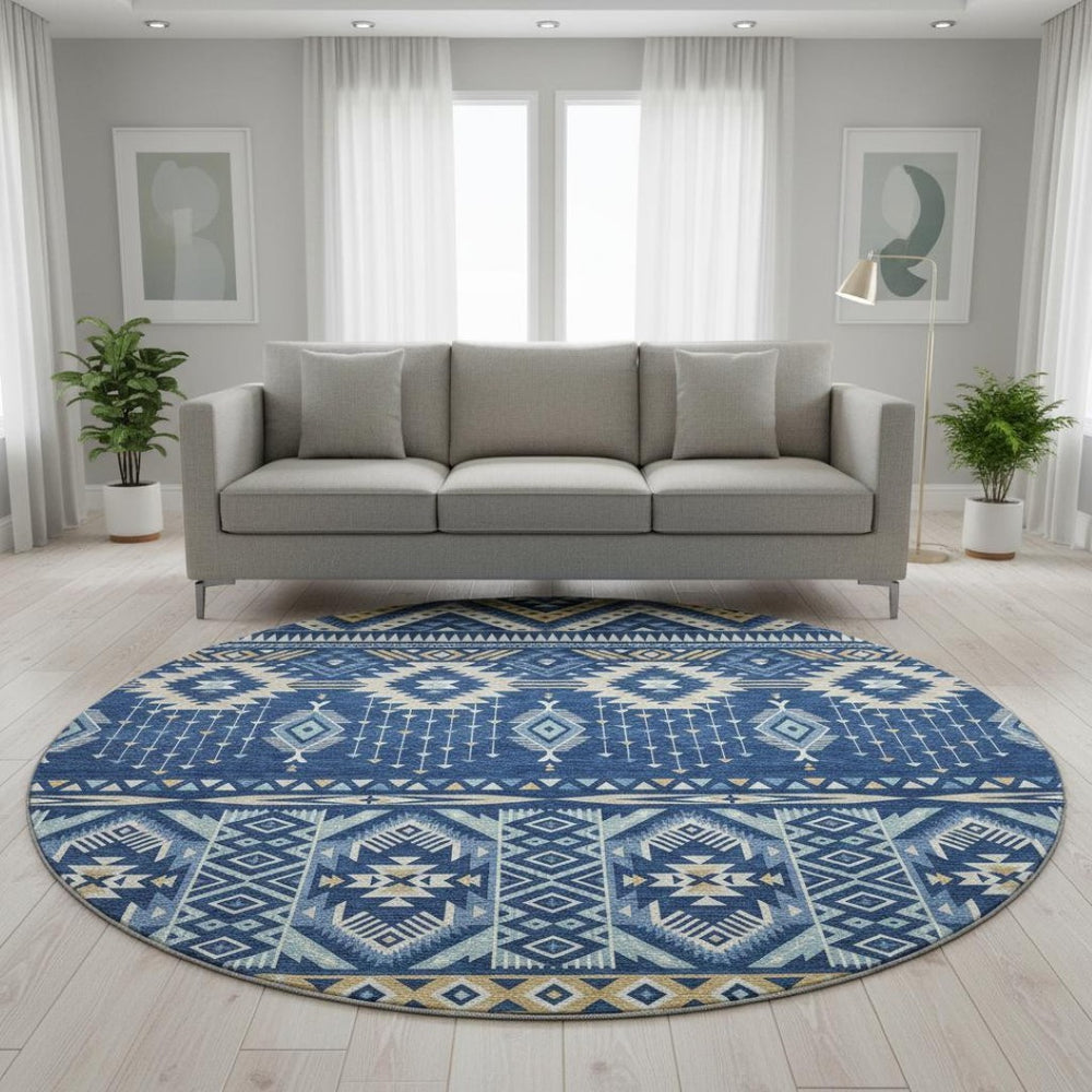 HomeRoots 8' Navy Blue and Beige Tribal Round Rug - Washable, UV-Protected, Perfect for Family Spaces! 705770