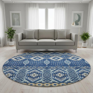 HomeRoots 8' Navy Blue and Beige Tribal Round Rug - Washable, UV-Protected, Perfect for Family Spaces! 705770