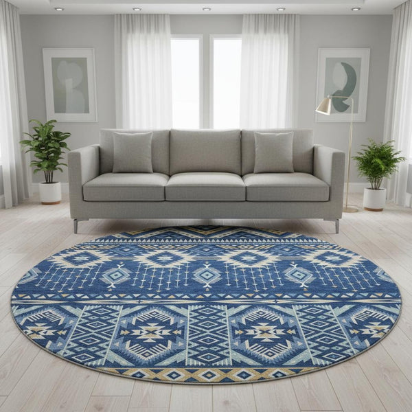 HomeRoots 8' Navy Blue and Beige Tribal Round Rug - Washable, UV-Protected, Perfect for Family Spaces! 705770