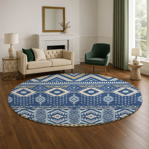 HomeRoots 8' Navy Blue and Beige Tribal Round Rug - Washable, UV-Protected, Perfect for Family Spaces! 705770
