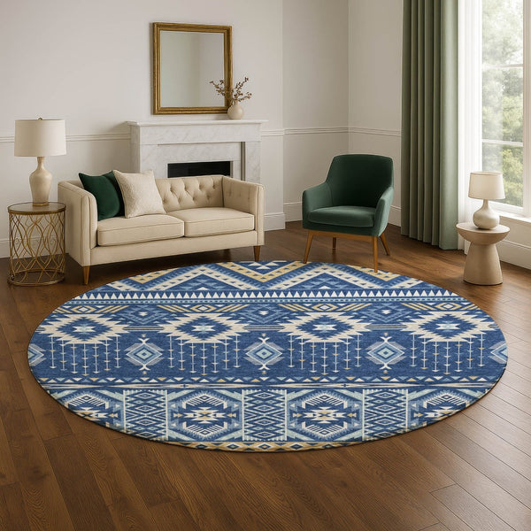 HomeRoots 8' Navy Blue and Beige Tribal Round Rug - Washable, UV-Protected, Perfect for Family Spaces! 705770