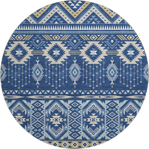 HomeRoots 8' Navy Blue and Beige Tribal Round Rug - Washable, UV-Protected, Perfect for Family Spaces! 705770