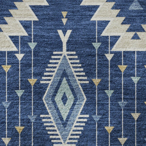 HomeRoots 8' Navy Blue and Beige Tribal Round Rug - Washable, UV-Protected, Perfect for Family Spaces! 705770