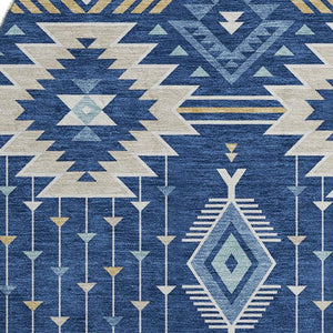 HomeRoots 8' Navy Blue and Beige Tribal Round Rug - Washable, UV-Protected, Perfect for Family Spaces! 705770