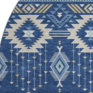 HomeRoots 8' Navy Blue and Beige Tribal Round Rug - Washable, UV-Protected, Perfect for Family Spaces! 705770