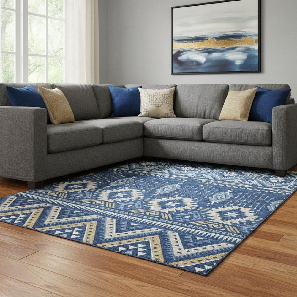 HomeRoots 8' X 10' Navy Blue & Beige Tribal Area Rug - Durable, Stain Resistant & UV Protected for Home Style 705771