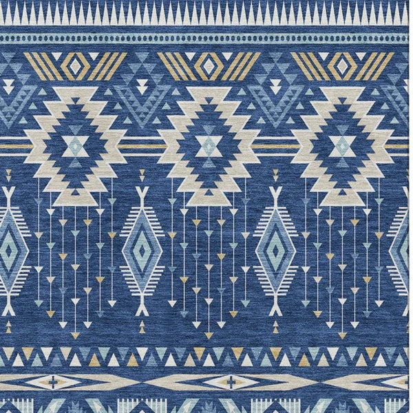 HomeRoots 8' X 10' Navy Blue & Beige Tribal Area Rug - Durable, Stain Resistant & UV Protected for Home Style 705771