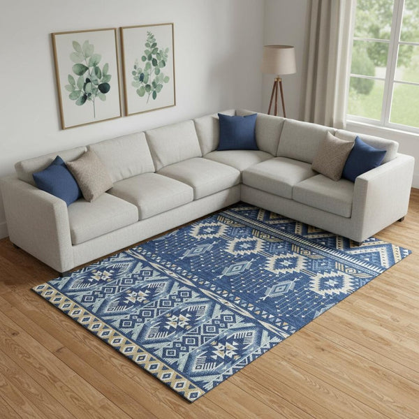 HomeRoots 9' X 12' Navy Blue & Beige Tribal Washable Area Rug - Durable, UV Protected, Perfect for Homes 705772