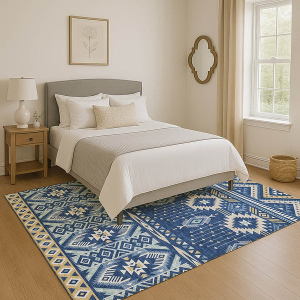 HomeRoots 9' X 12' Navy Blue & Beige Tribal Washable Area Rug - Durable, UV Protected, Perfect for Homes 705772