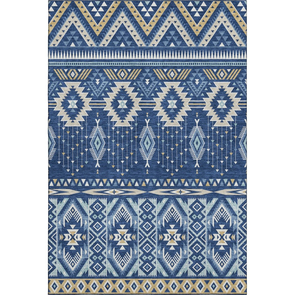 HomeRoots 9' X 12' Navy Blue & Beige Tribal Washable Area Rug - Durable, UV Protected, Perfect for Homes 705772