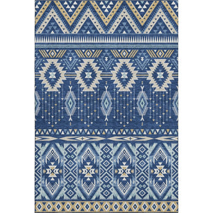 HomeRoots 9' X 12' Navy Blue & Beige Tribal Washable Area Rug - Durable, UV Protected, Perfect for Homes 705772