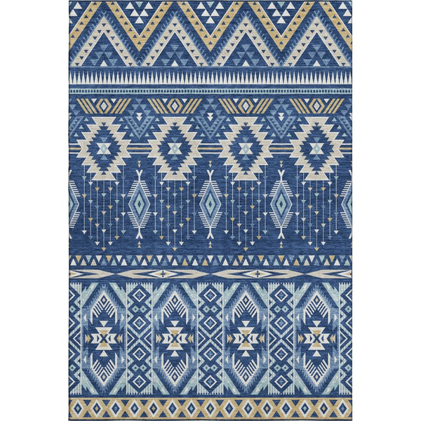 HomeRoots 9' X 12' Navy Blue & Beige Tribal Washable Area Rug - Durable, UV Protected, Perfect for Homes 705772
