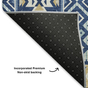HomeRoots 9' X 12' Navy Blue & Beige Tribal Washable Area Rug - Durable, UV Protected, Perfect for Homes 705772