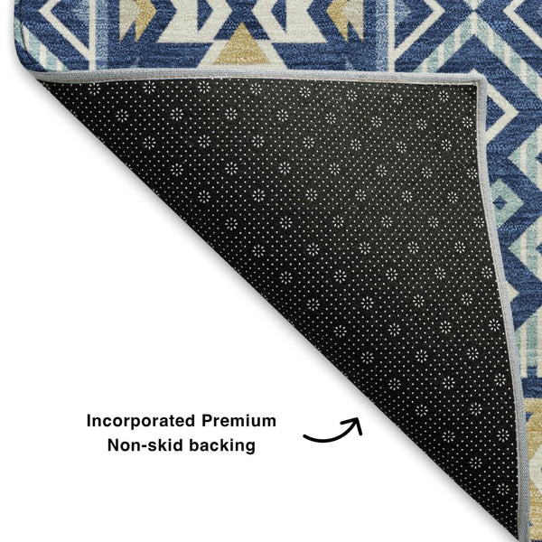 HomeRoots 9' X 12' Navy Blue & Beige Tribal Washable Area Rug - Durable, UV Protected, Perfect for Homes 705772