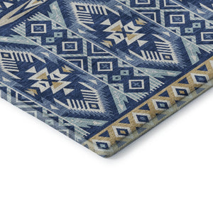 HomeRoots 9' X 12' Navy Blue & Beige Tribal Washable Area Rug - Durable, UV Protected, Perfect for Homes 705772
