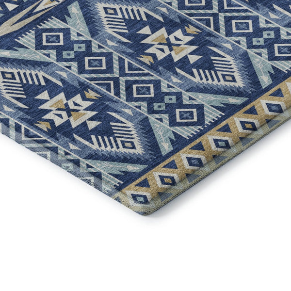 HomeRoots 9' X 12' Navy Blue & Beige Tribal Washable Area Rug - Durable, UV Protected, Perfect for Homes 705772