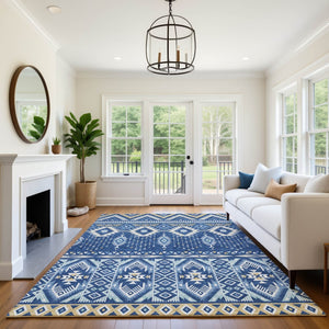 HomeRoots 9' X 12' Navy Blue & Beige Tribal Washable Area Rug - Durable, UV Protected, Perfect for Homes 705772