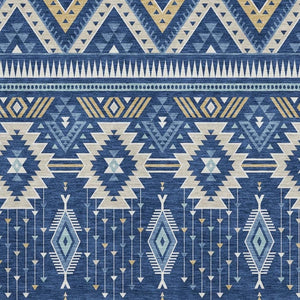 HomeRoots 9' X 12' Navy Blue & Beige Tribal Washable Area Rug - Durable, UV Protected, Perfect for Homes 705772