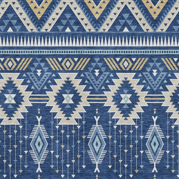 HomeRoots 9' X 12' Navy Blue & Beige Tribal Washable Area Rug - Durable, UV Protected, Perfect for Homes 705772