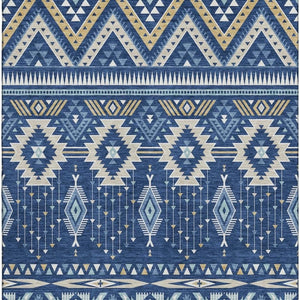 HomeRoots 9' X 12' Navy Blue & Beige Tribal Washable Area Rug - Durable, UV Protected, Perfect for Homes 705772